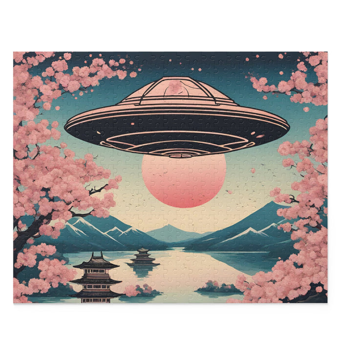 500-Piece Jigsaw Puzzle Featuring Retro Cherry Blossoms and Extraterrestrial Art: pink, teal blue UFO flying over a Japanese-