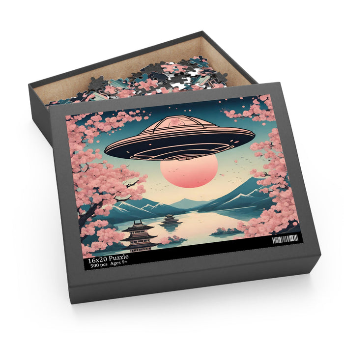 500-Piece Jigsaw Puzzle Featuring Retro Cherry Blossoms and Extraterrestrial Art: pink, teal blue UFO flying over a Japanese-