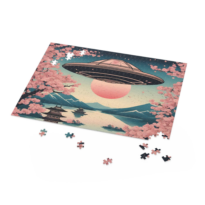 500-Piece Jigsaw Puzzle Featuring Retro Cherry Blossoms and Extraterrestrial Art: pink, teal blue UFO flying over a Japanese-