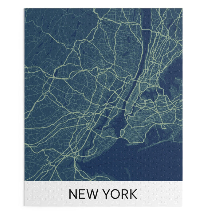 500-Piece Jigsaw Puzzle of New York City: dark navy blue, light green New York city map, minimal map graphic style