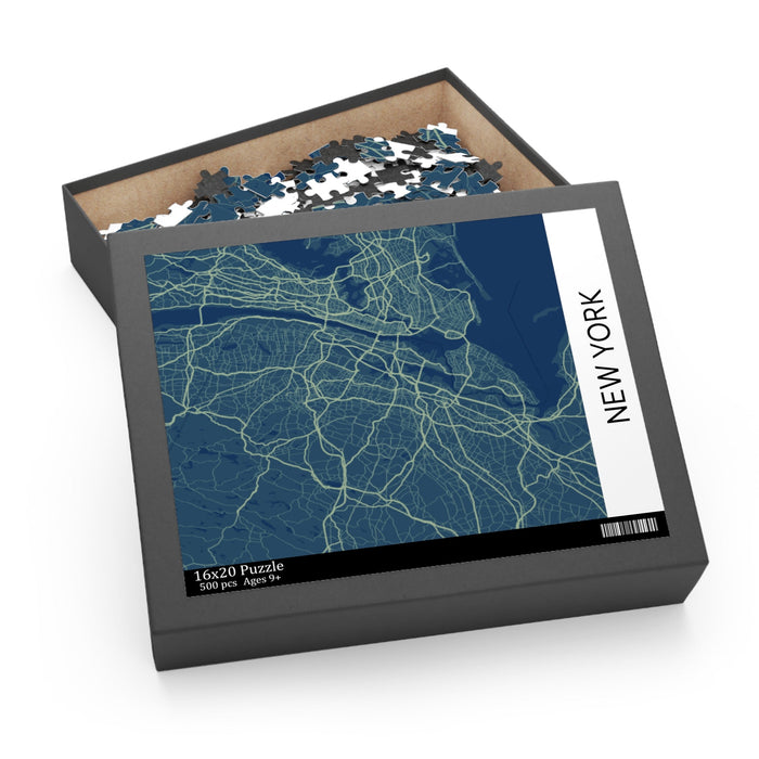 500-Piece Jigsaw Puzzle of New York City: dark navy blue, light green New York city map, minimal map graphic style