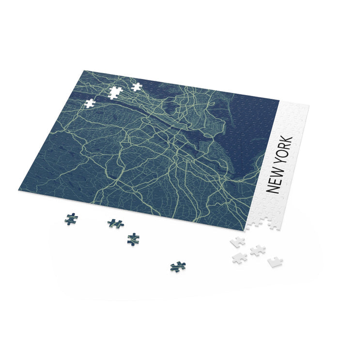 500-Piece Jigsaw Puzzle of New York City: dark navy blue, light green New York city map, minimal map graphic style