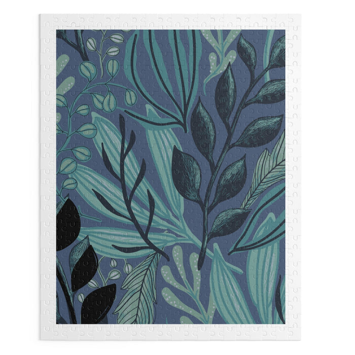500-Piece Midnight Flora Puzzle, Exquisite Floral Jigsaw for Nighttime Solving: teal, blue botanical leaf pattern, stylized b