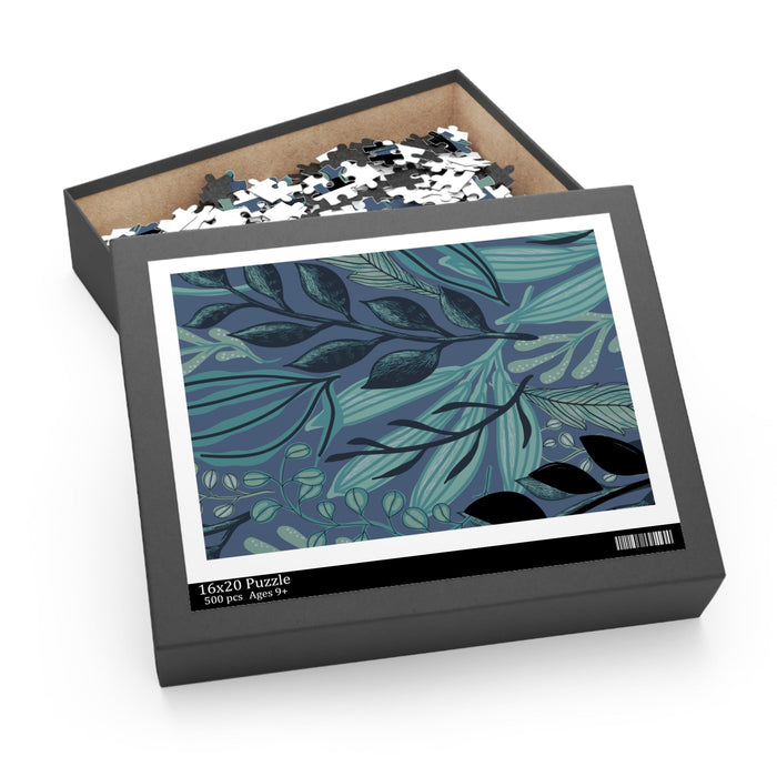 500-Piece Midnight Flora Puzzle, Exquisite Floral Jigsaw for Nighttime Solving: teal, blue botanical leaf pattern, stylized b