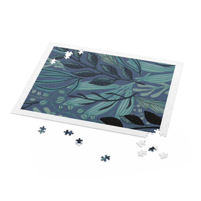 500-Piece Midnight Flora Puzzle, Exquisite Floral Jigsaw for Nighttime Solving: teal, blue botanical leaf pattern, stylized b