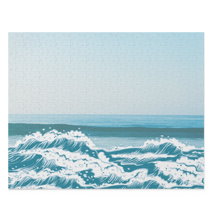 500-Piece Ocean Waves Puzzle for Beach Enthusiasts: light blue, teal ocean waves, illustrated, minimal style