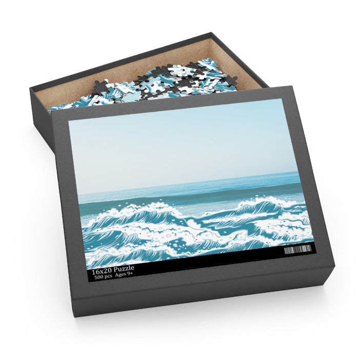 500-Piece Ocean Waves Puzzle for Beach Enthusiasts: light blue, teal ocean waves, illustrated, minimal style