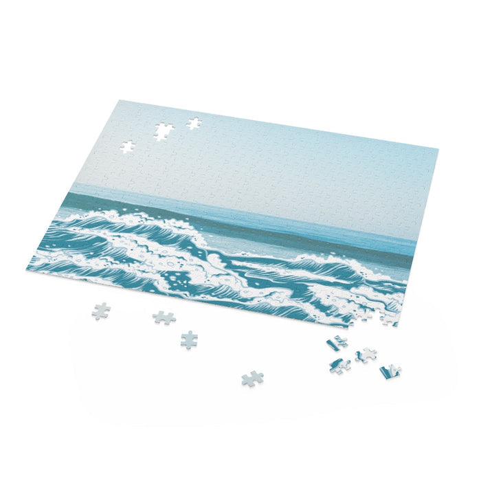 500-Piece Ocean Waves Puzzle for Beach Enthusiasts: light blue, teal ocean waves, illustrated, minimal style
