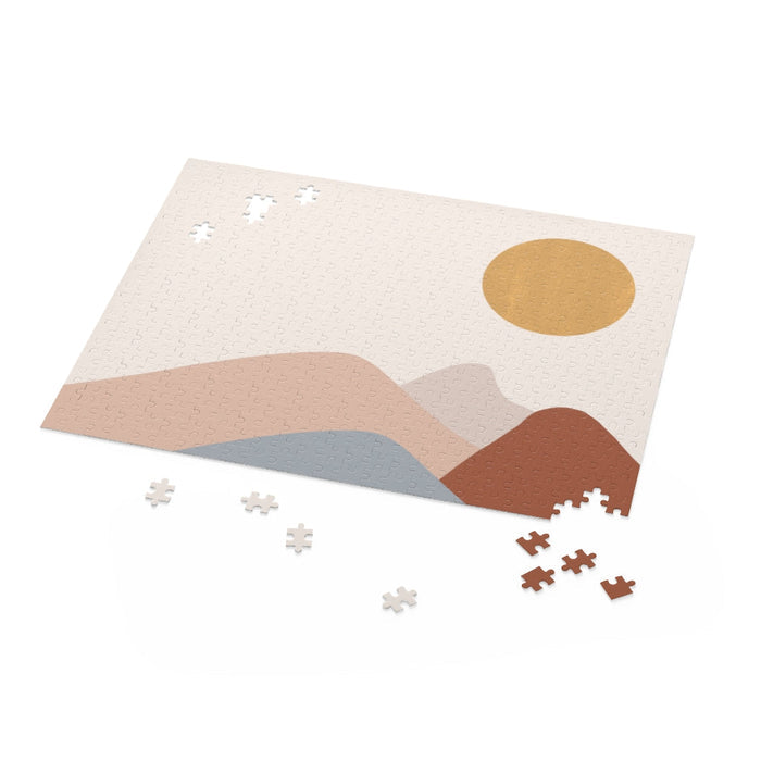 500-Piece Puzzle Featuring a Gorgeous Sun Design: black, off-white abstract mountain landscape, minimal abstract graphic styl