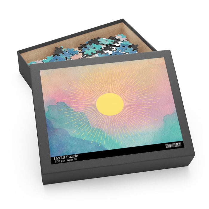 500-Piece Puzzle Featuring a Radiant Sun: black, pink stylized sun over mountains, colorful stylized landscape illustration s