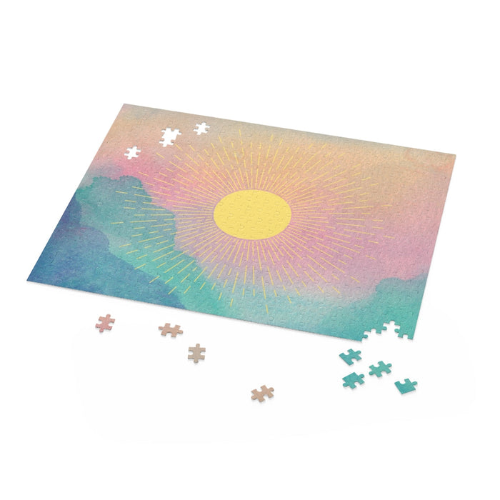 500-Piece Puzzle Featuring a Radiant Sun: black, pink stylized sun over mountains, colorful stylized landscape illustration s