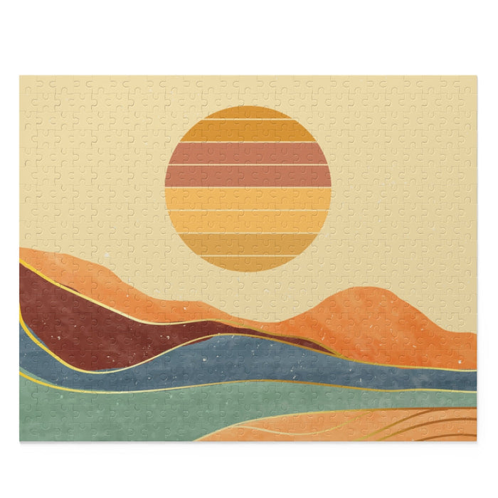 500-Piece Puzzle Featuring Artwork of a Desert Terrain: beige, orange stylized landscape with sun, hills, and layered terrain