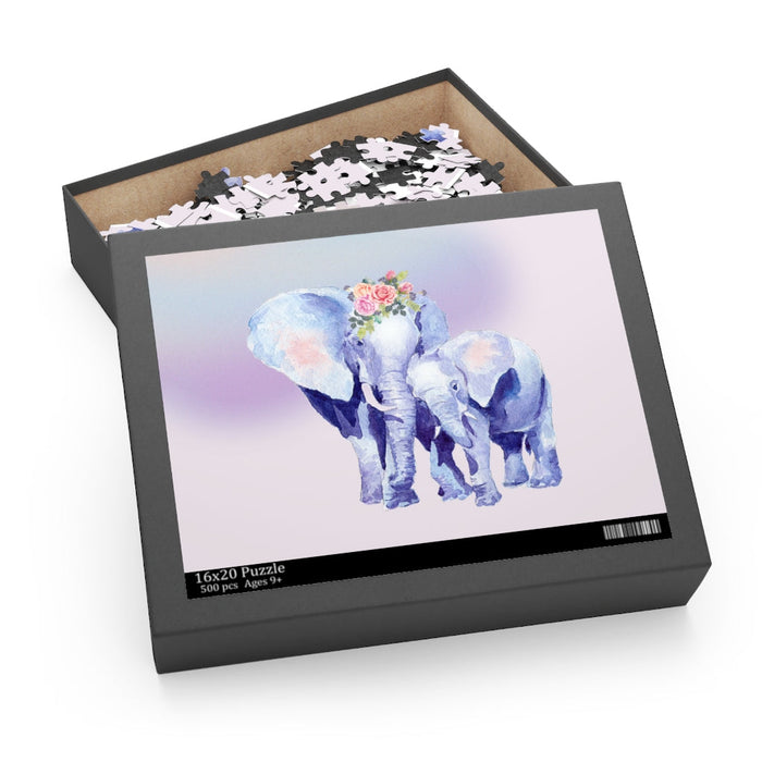 500-Piece Puzzle Featuring Auspicious Elephant Design for Mother and Baby: black, lavender elephants, watercolor illustration