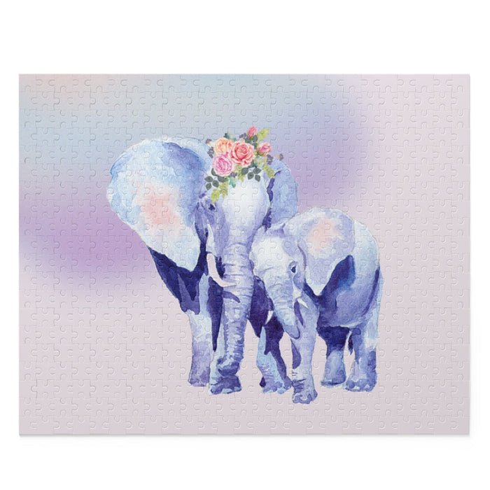 500-Piece Puzzle Featuring Auspicious Elephant Design for Mother and Baby: black, lavender elephants, watercolor illustration