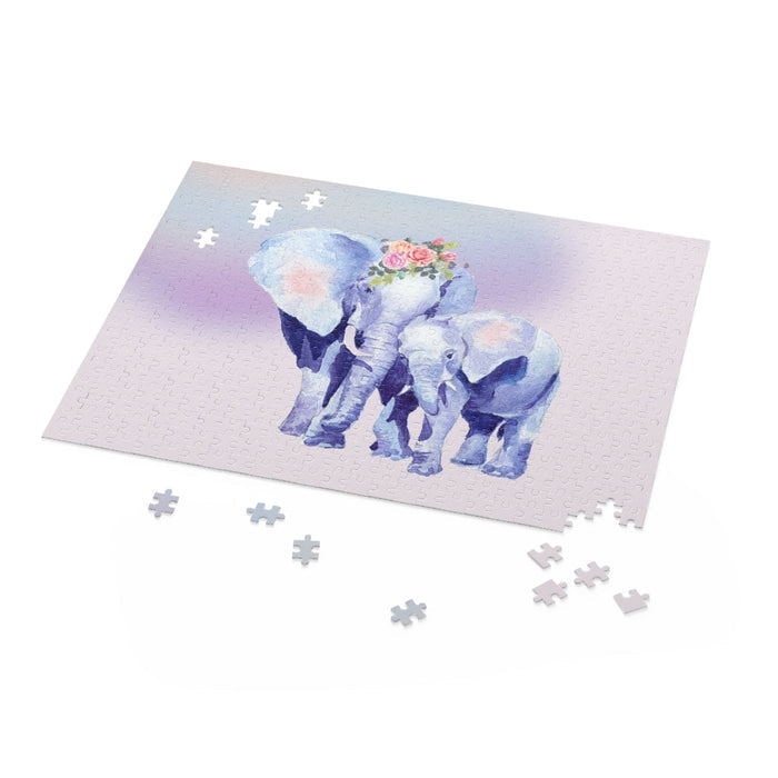 500-Piece Puzzle Featuring Auspicious Elephant Design for Mother and Baby: black, lavender elephants, watercolor illustration