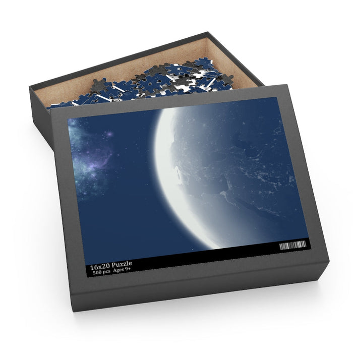 500-Piece Puzzle Featuring Earth's Landscape: dark gray, navy blue space/planet scene, realistic space imagery style