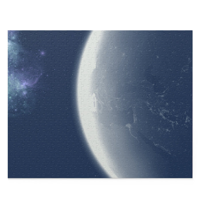 500-Piece Puzzle Featuring Earth's Landscape: dark gray, navy blue space/planet scene, realistic space imagery style
