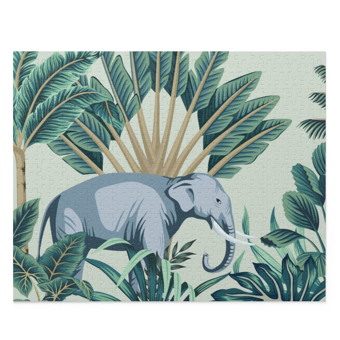 500-Piece Puzzle Featuring Majestic Wild Elephants: dark gray, green elephant in tropical foliage, illustrated tropical botan