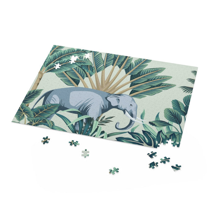 500-Piece Puzzle Featuring Majestic Wild Elephants: dark gray, green elephant in tropical foliage, illustrated tropical botan