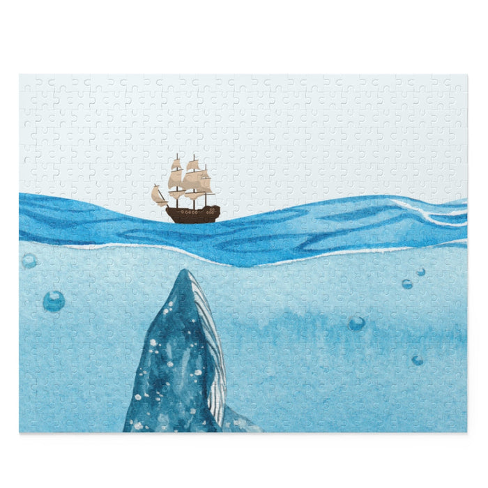 500-Piece Puzzle Featuring Marine Life: black, light blue whale and sailing ship ocean scene, illustrated, cartoon-like style