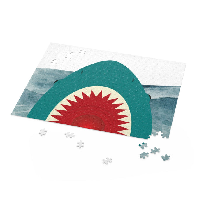 500-Piece Puzzle Featuring Shark Teeth: teal, dark gray shark, cartoon graphic style