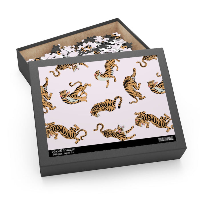 500-Piece Puzzle Featuring Tigers: black, white tigers, illustrated animal pattern style