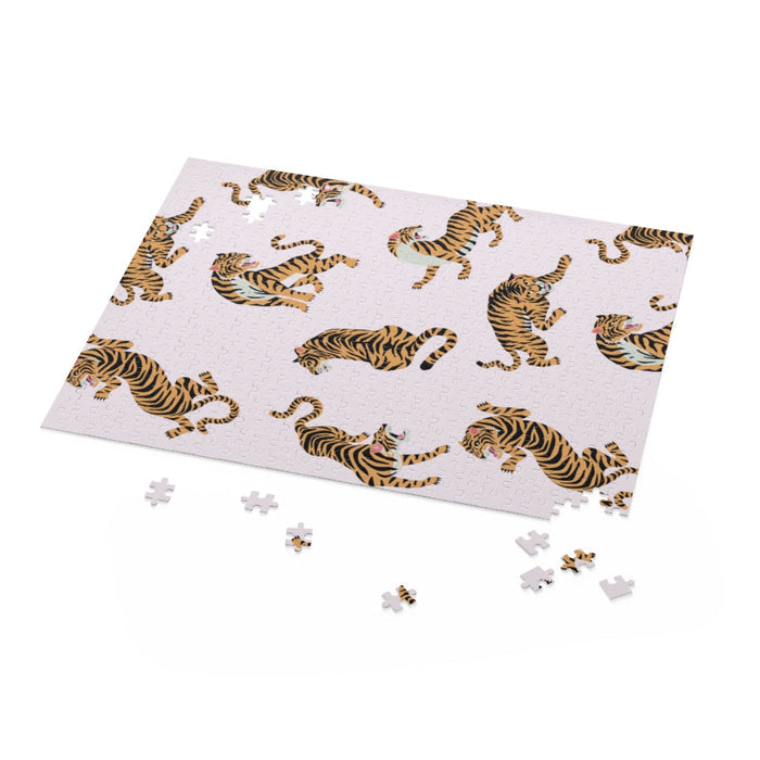 500-Piece Puzzle Featuring Tigers: black, white tigers, illustrated animal pattern style