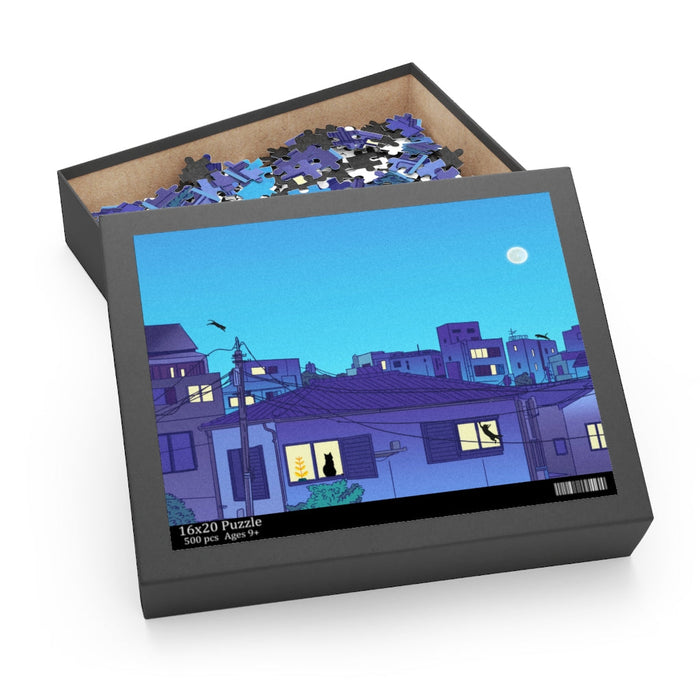 500-Piece Puzzle Featuring Urban Felines: black, dark gray nighttime urban neighborhood scene, cartoon illustration style