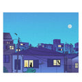 500-Piece Puzzle Featuring Urban Felines: black, dark gray nighttime urban neighborhood scene, cartoon illustration style