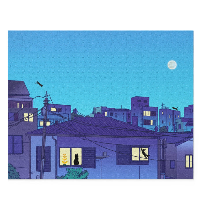500-Piece Puzzle Featuring Urban Felines: black, dark gray nighttime urban neighborhood scene, cartoon illustration style
