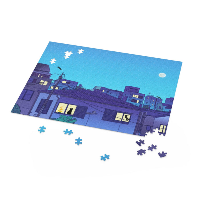 500-Piece Puzzle Featuring Urban Felines: black, dark gray nighttime urban neighborhood scene, cartoon illustration style