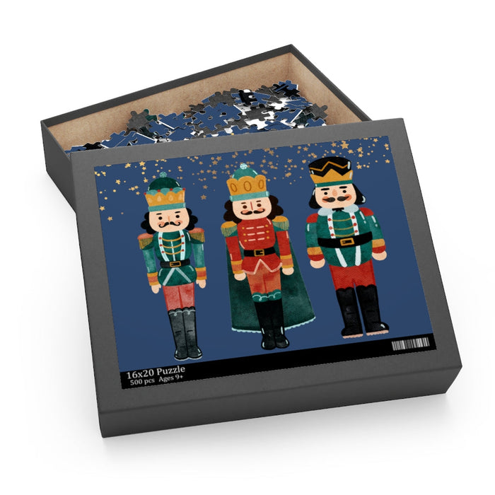 500-Piece Puzzle for Christmas Nutcracker Enthusiasts: dark gray, blue three nutcracker characters, cartoon holiday illustrat