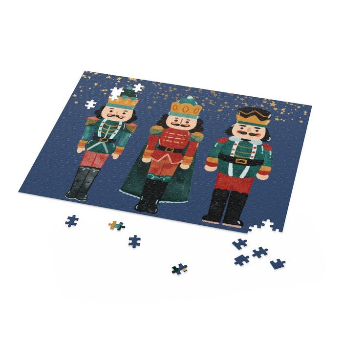 500-Piece Puzzle for Christmas Nutcracker Enthusiasts: dark gray, blue three nutcracker characters, cartoon holiday illustrat