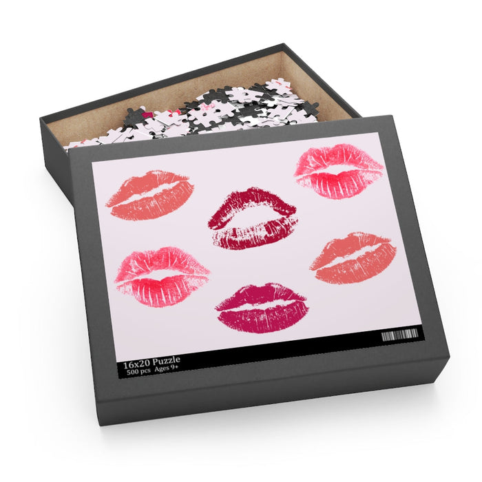 500-Piece Puzzle: Numerous Kisses Jigsaw: black, light pink lipstick kiss marks, graphic pop-art style