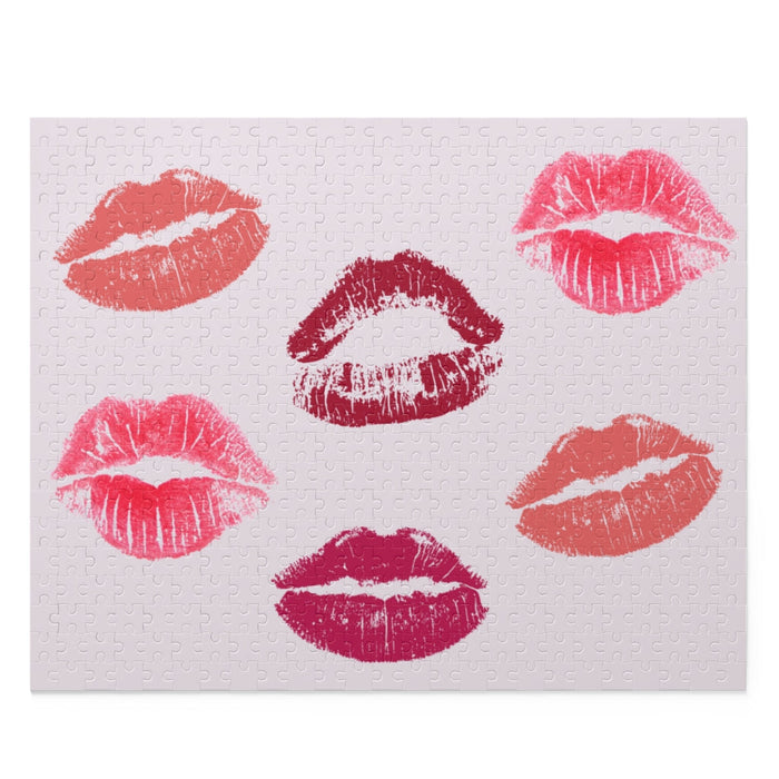 500-Piece Puzzle: Numerous Kisses Jigsaw: black, light pink lipstick kiss marks, graphic pop-art style