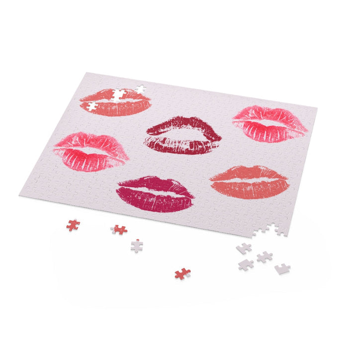 500-Piece Puzzle: Numerous Kisses Jigsaw: black, light pink lipstick kiss marks, graphic pop-art style