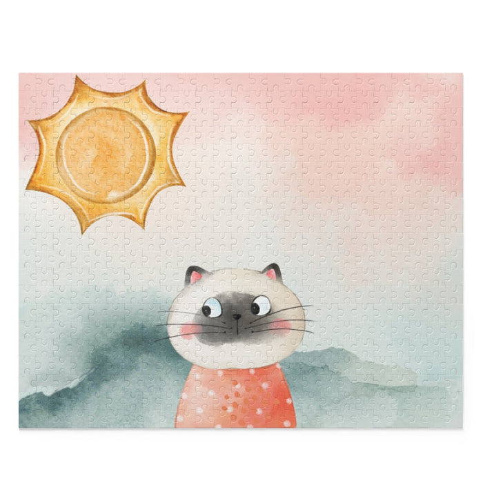 500-Piece Puzzle: Start Your Day with Your Feline Friend: pink, light blue cartoon cat under a sun, cute cartoon watercolor s