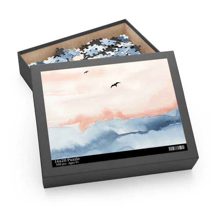 500-Piece Seaside Avian Puzzle: pale peach, light blue seascape with flying birds, minimal watercolor style