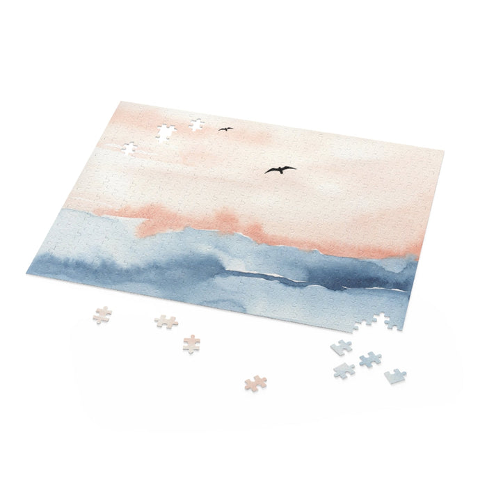 500-Piece Seaside Avian Puzzle: pale peach, light blue seascape with flying birds, minimal watercolor style