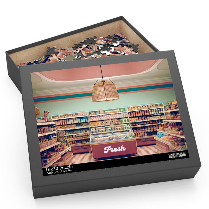 500-Piece Vintage Grocery Store Puzzle: dark gray, beige grocery store interior, retro photographic illustration style
