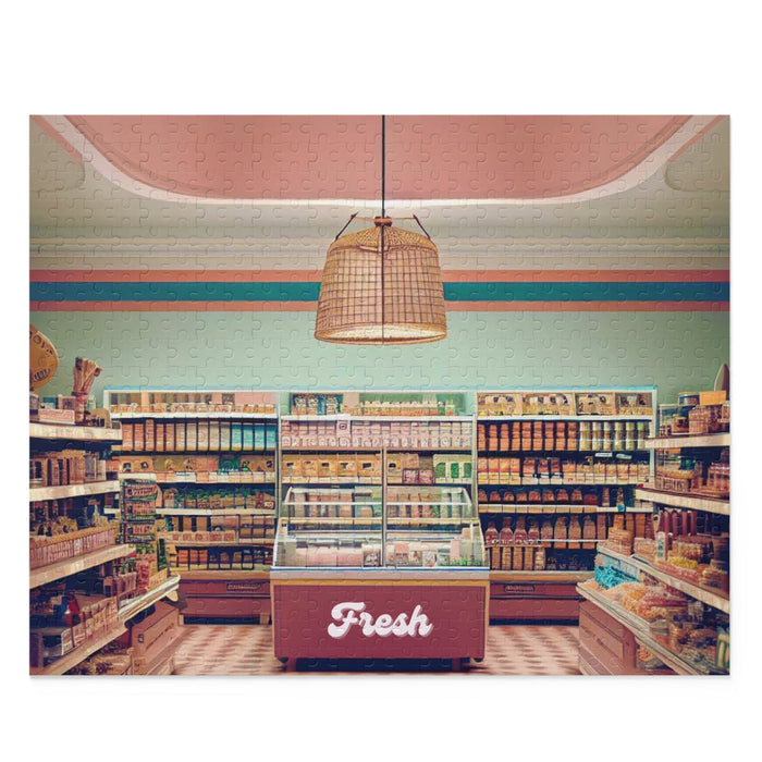 500-Piece Vintage Grocery Store Puzzle: dark gray, beige grocery store interior, retro photographic illustration style