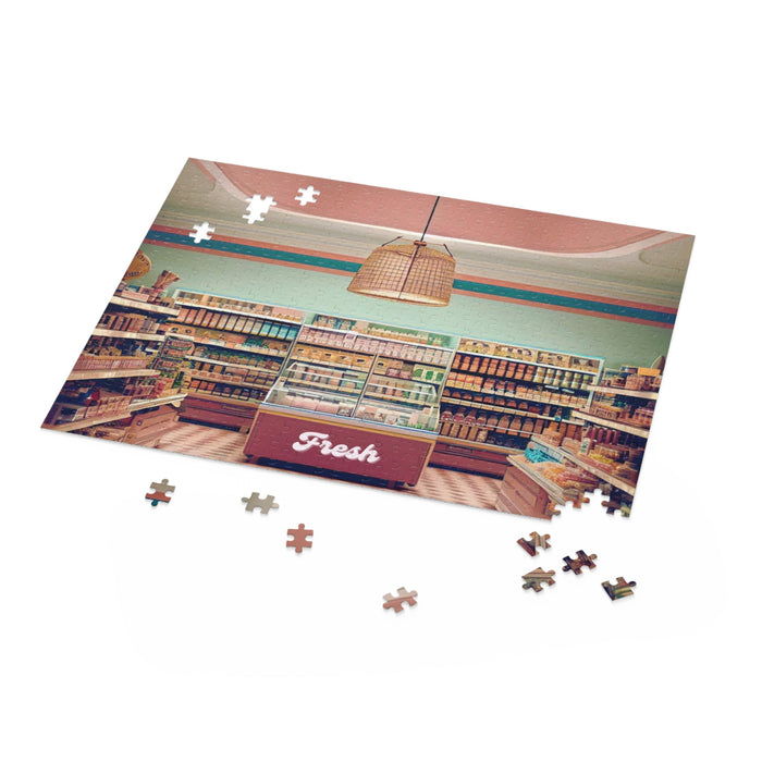 500-Piece Vintage Grocery Store Puzzle: dark gray, beige grocery store interior, retro photographic illustration style
