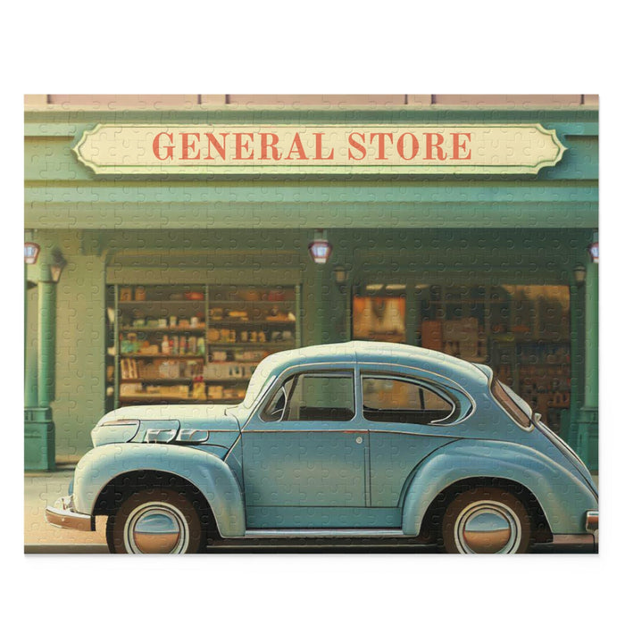 500-Piece Vintage Storefront Jigsaw Puzzle: blue, teal green vintage blue car parked in front of a general store, vintage ret