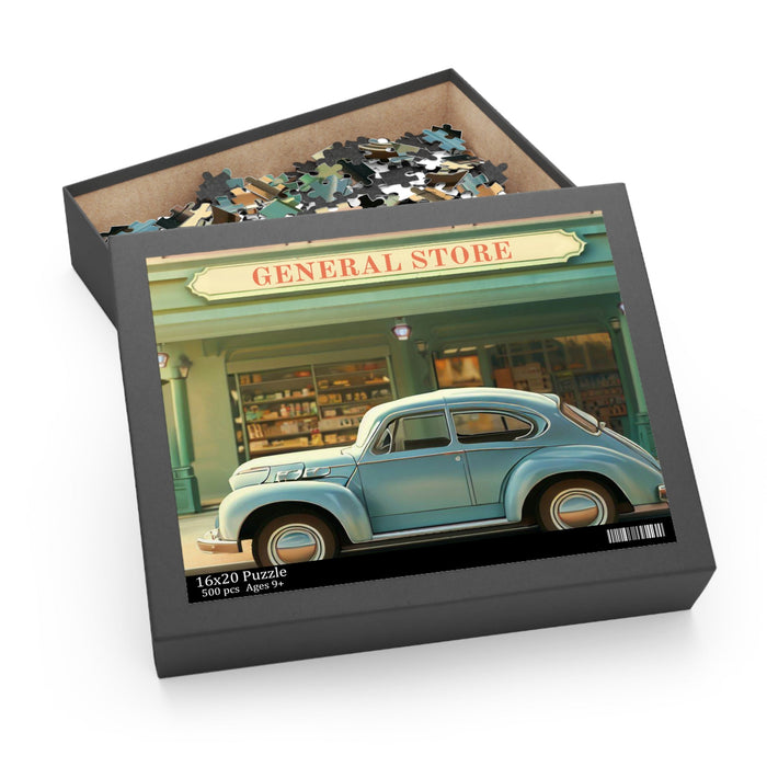 500-Piece Vintage Storefront Jigsaw Puzzle: blue, teal green vintage blue car parked in front of a general store, vintage ret