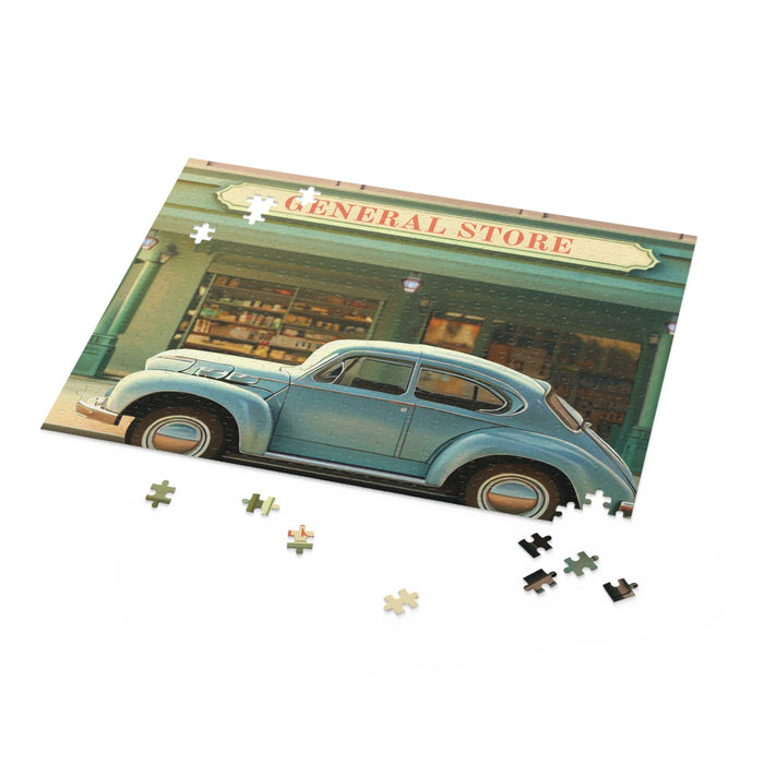 500-Piece Vintage Storefront Jigsaw Puzzle: blue, teal green vintage blue car parked in front of a general store, vintage ret