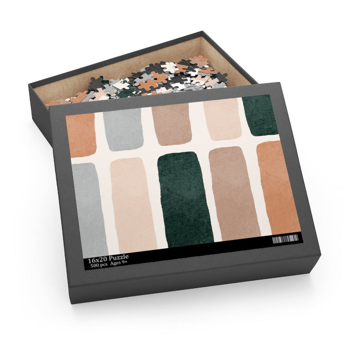 500-Piece Vintage Stripes Puzzle: dark gray, beige jigsaw puzzle in an open box, minimal abstract style