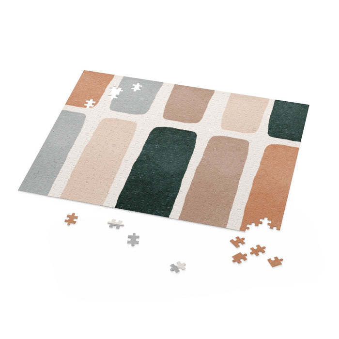 500-Piece Vintage Stripes Puzzle: dark gray, beige jigsaw puzzle in an open box, minimal abstract style