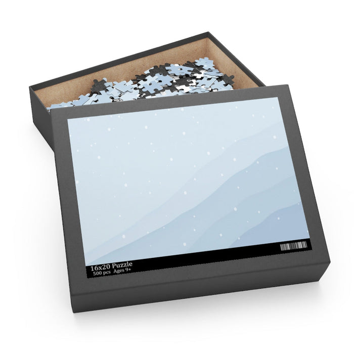 500-Piece Winter Wonderland Jigsaw Puzzle in Shades of Blue: black, light blue snowy winter landscape theme, minimal style