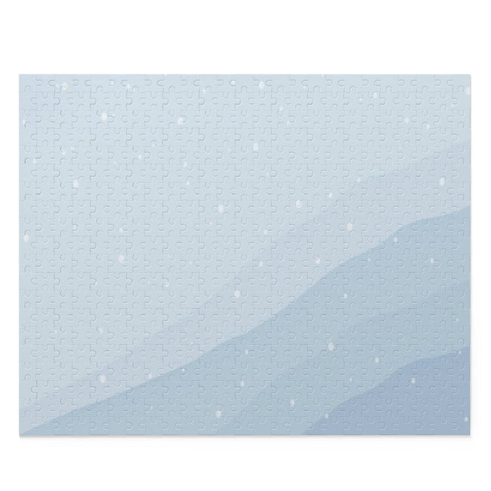 500-Piece Winter Wonderland Jigsaw Puzzle in Shades of Blue: black, light blue snowy winter landscape theme, minimal style