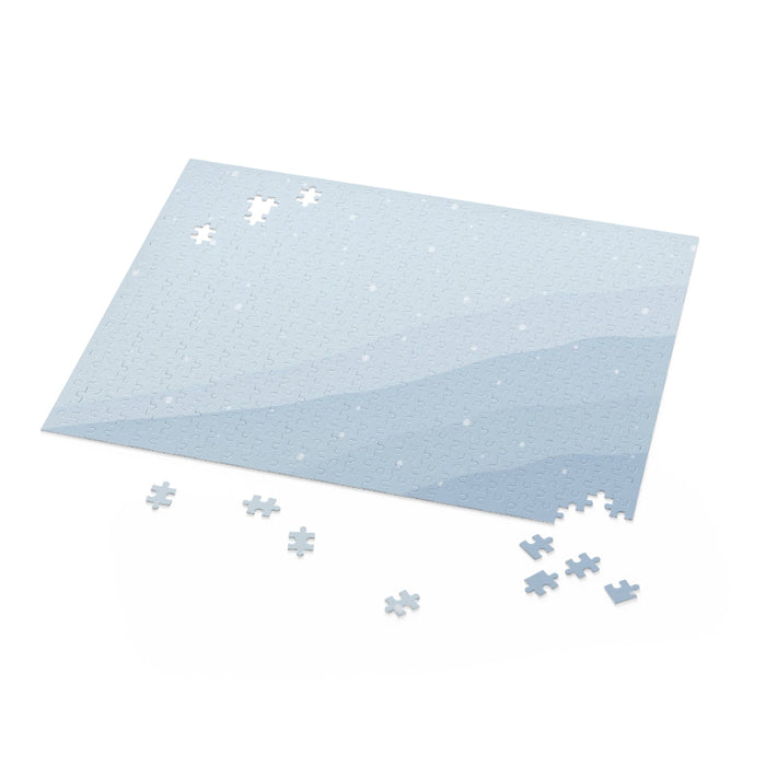 500-Piece Winter Wonderland Jigsaw Puzzle in Shades of Blue: black, light blue snowy winter landscape theme, minimal style